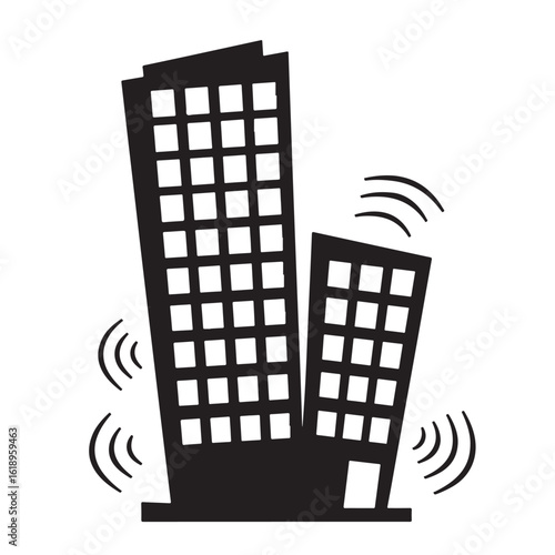 Flat black vector silhouette of shaking building with motion wave lines symbolizing earthquake damage on white background