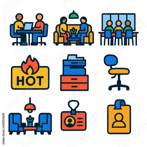 Vibrant Coworking Icons. Flat vector icons of coworking and shared spaces: coworking desk, shared lounge, open workspace, coffee