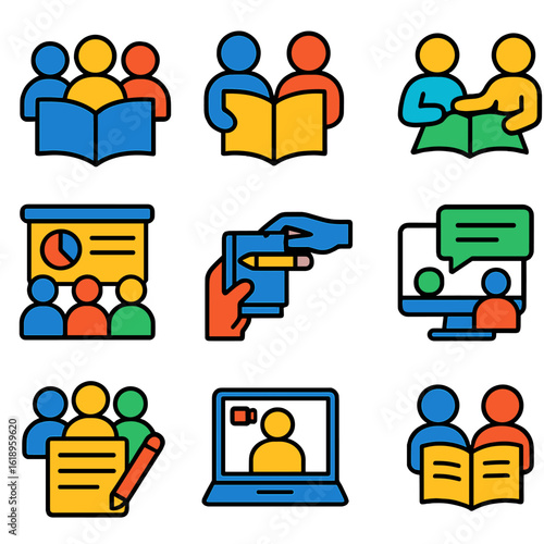 Educational Icon Set. Flat vector icons of educational collaboration: study group, co-learning icon, peer tutoring, group
