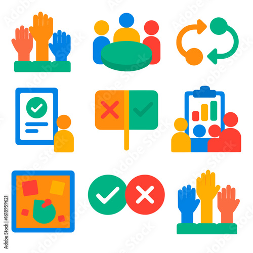 Dynamic Decision Icons. Flat vector icons of group decision making: voting icon, consensus table, discussion arrows, shared