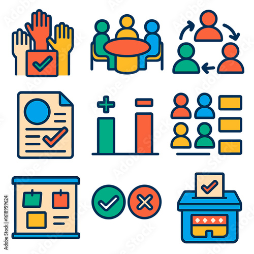 Dynamic Decision Icons. Flat vector icons of group decision making: voting icon, consensus table, discussion arrows, shared