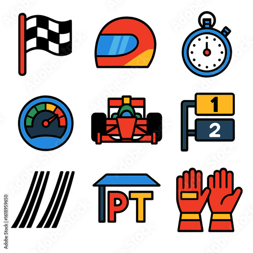 Racing Icons Collection. Flat vector icons of racing elements: checkered flag, racing helmet, stopwatch, speedometer, racecar