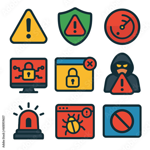 Security Alert Icons. Flat vector icons of security alerts and notifications: warning triangle, shield with exclamation mark,