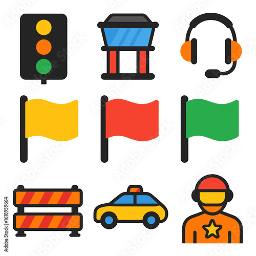 Racing Safety Icons. Flat vector icons of racing communication and safety: pit board signal, race control tower, headset radio,