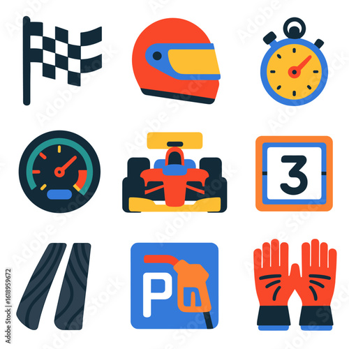 Racing Icons Collection. Flat vector icons of racing elements: checkered flag, racing helmet, stopwatch, speedometer, racecar