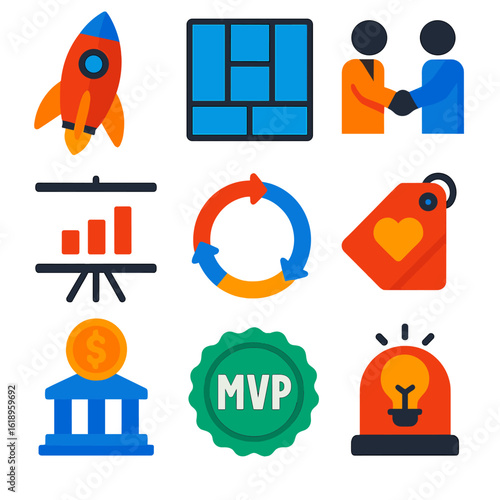 Entrepreneurial Icons Set. Flat vector icons of entrepreneurship: startup rocket, business model canvas, co-founders handshake,