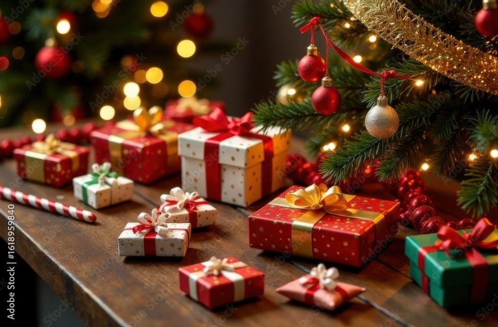 Festive christmas scene with decorated tree and wrapped gifts on wooden table. High quality photo Festive christmas scene with decorated tree and wrapped gifts on wooden table. High quality photo
