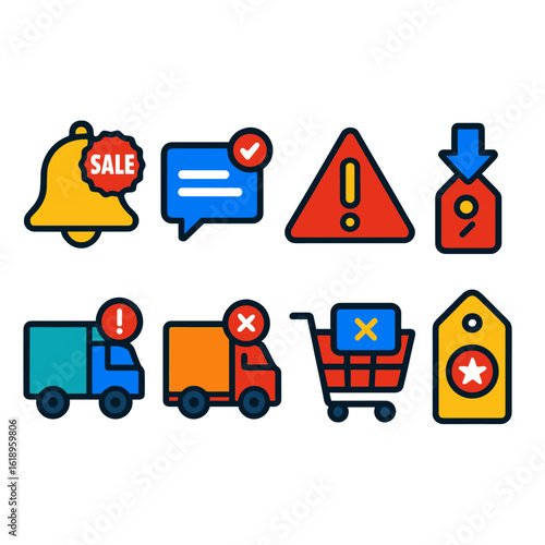 Shopping Alert Icons. Flat vector icons of shopping notifications and alerts: sale alert bell, order update message, low stock