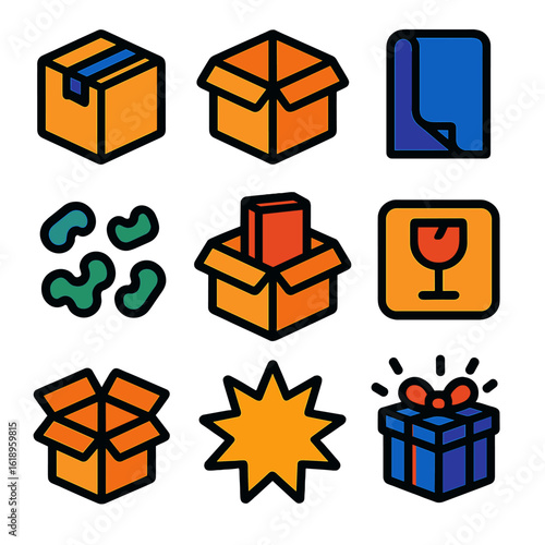 Vibrant Packaging Icons. Flat vector icons of packaging and unboxing: box with tape, unsealed package, wrapping paper, packing