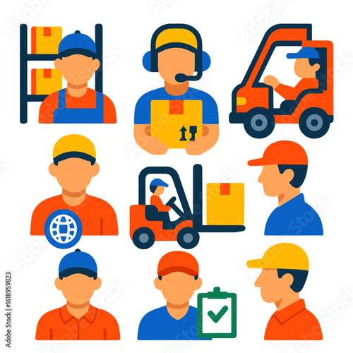 Delivery Team Icons. Flat vector icons of delivery team and roles: warehouse operator, package handler, dispatcher avatar,