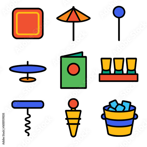 Bright Drink Accessories Icons. Flat vector icons of drink serving accessories: coaster, cocktail umbrella, stirring stick, drink