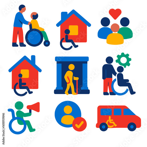 Disability Support Icons. Flat vector icons of disability support and care: caregiver support, home assistance, support group icon
