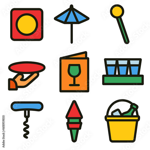 Bright Drink Accessories Icons. Flat vector icons of drink serving accessories: coaster, cocktail umbrella, stirring stick, drink
