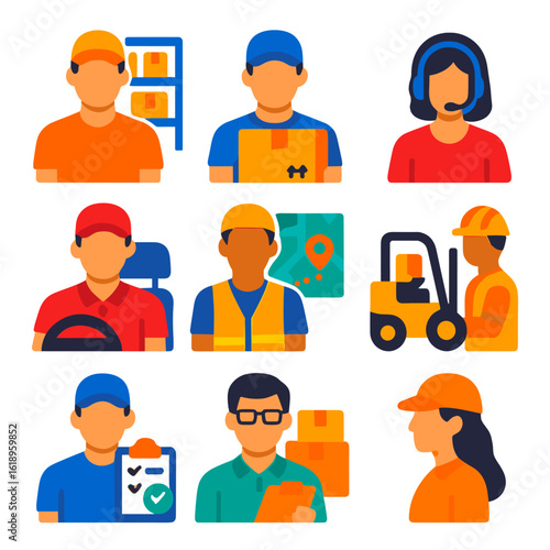 Delivery Team Icons. Flat vector icons of delivery team and roles: warehouse operator, package handler, dispatcher avatar,
