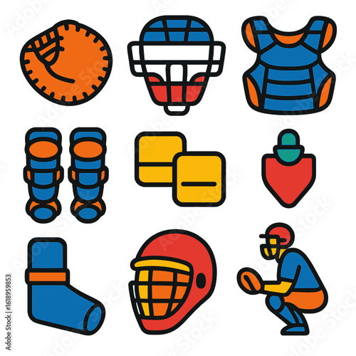 Catcher Gear Icons. Flat vector icons of catcher equipment: catcher’s mitt, face mask, chest guard, leg guards, knee savers,