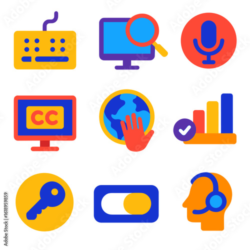 Digital Inclusion Icons. Flat vector icons of digital inclusion: keyboard with braille dots, screen magnifier, voice command icon,