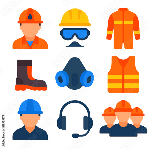 Safety Gear Icons. Flat vector icons of workers and safety gear: oilfield worker, helmet and goggles, flame-retardant suit, safety