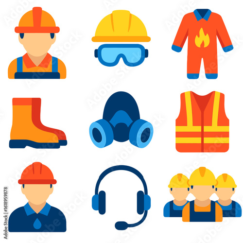 Safety Gear Icons. Flat vector icons of workers and safety gear: oilfield worker, helmet and goggles, flame-retardant suit, safety