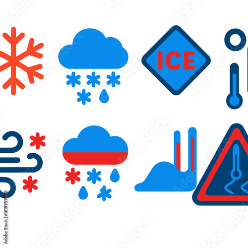 Winter Weather Icons. Flat vector icons of winter weather: snowflake icon, snow shower cloud, ice symbol, freezing temperature