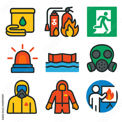 Emergency Response Icons. Flat vector icons of emergency response in oil and gas: spill kit icon, fire suppression system,