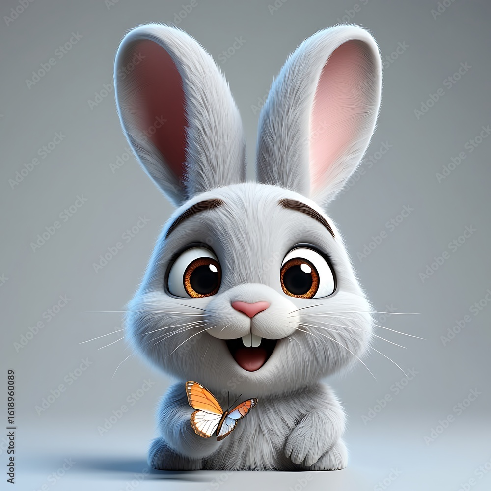 Adorable fluffy gray baby bunny with big expressive eyes and a tiny orange butterfly resting on its paw a delightful springtime character Adorable fluffy gray baby bunny with big expressive eyes and a tiny orange butterfly resting on its paw a delightful springtime character