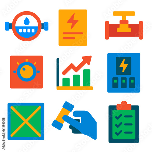 Utility Management Icons. Flat vector icons of utility and supply management: water meter, electric bill icon, gas valve, breaker