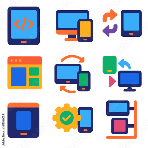 Cross-Platform Development Icons. Flat vector icons of cross-platform development: tablet with code, responsive screen icon,