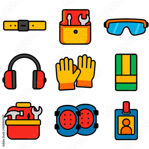 Bold Work Icons. Flat vector icons of work and utility accessories: utility belt, tool pouch, safety glasses, ear protection, work