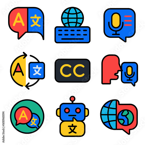 Multilingual Communication Icons. Flat vector icons of multilingual digital communication: translation bubble, global keyboard