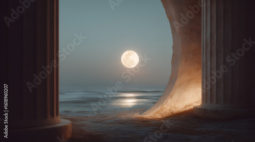 Lunar glow above the sea, framed by ancient pillars, casting a serene and timeless ambiance.