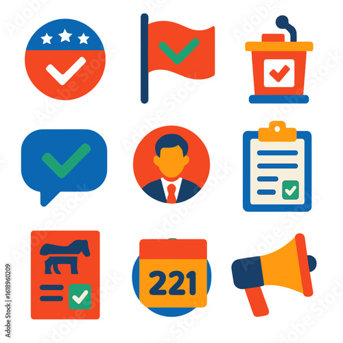 Vibrant Election Icons. Flat vector icons of political election elements: campaign badge, flag with checkmark, podium with vote
