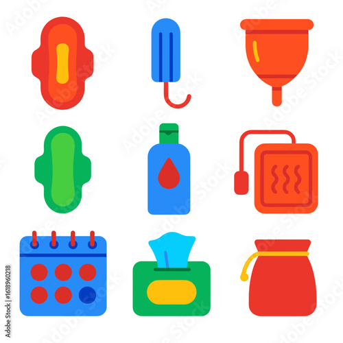 Feminine Hygiene Icons. Flat vector icons of feminine hygiene products: sanitary pad, tampon, menstrual cup, pantyliner, feminine