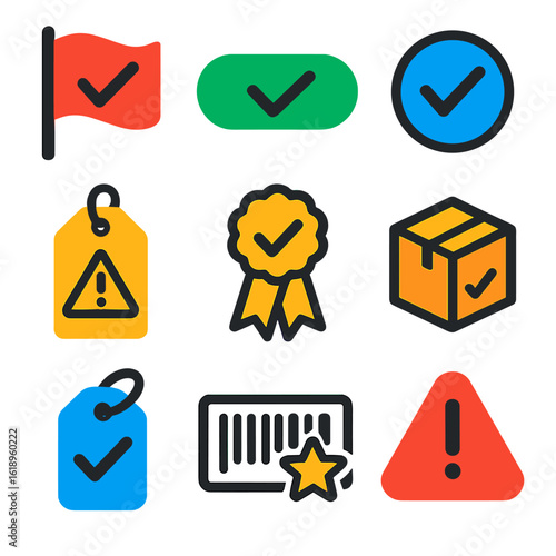 Vibrant Quality Icons. Flat vector icons of quality flags and tags: red inspection flag, green passed label, blue verified sticker
