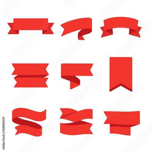 Bold Ribbon Icons. Flat vector icons of red ribbon banners with folds and shadows: folded ribbon shadow, curled edge ribbon,