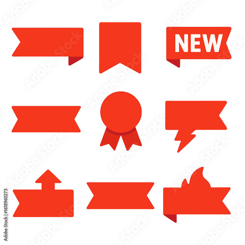 Bold Ribbon Icons. Flat vector icons of promotional red banner ribbons: discount ribbon strip, featured product ribbon, new