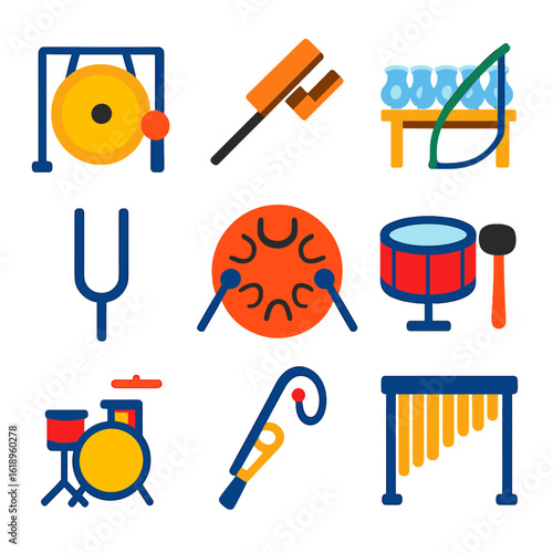 Colorful Musical Instrument Icons. Flat vector icons of musical instruments: orchestral gong, slapstick percussion bar, bowed