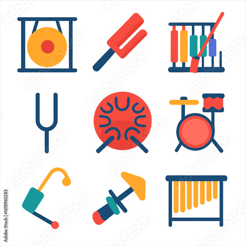 Colorful Musical Instrument Icons. Flat vector icons of musical instruments: orchestral gong, slapstick percussion bar, bowed