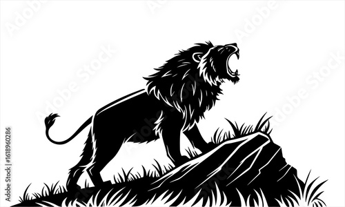 Majestic Lion Roaring on a Rocky Outcrop
