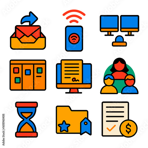 Remote Work Icons. Flat vector icons of freelance and remote work essentials: inbox with email reply, mobile hotspot icon, dual