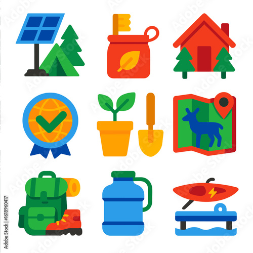 Sustainable Travel Icons. Flat vector icons of sustainable travel and eco tourism: solar campsite charging station, biodegradable