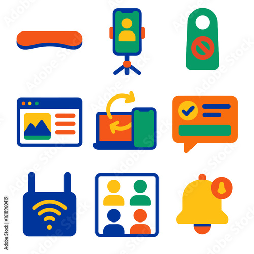 Freelance Essentials Icons. Flat vector icons of freelance and remote work essentials: ergonomic wrist pad, phone tripod for calls