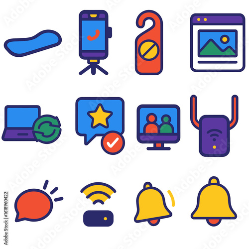 Freelance Essentials Icons. Flat vector icons of freelance and remote work essentials: ergonomic wrist pad, phone tripod for calls