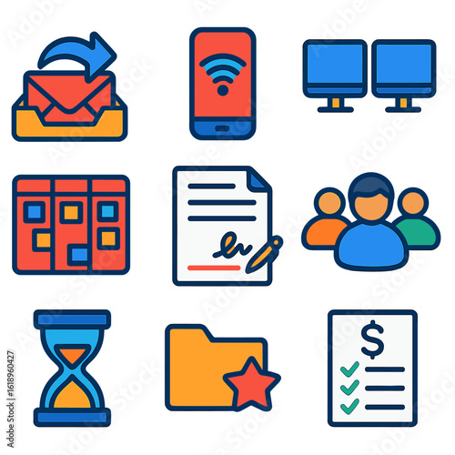 Remote Work Icons. Flat vector icons of freelance and remote work essentials: inbox with email reply, mobile hotspot icon, dual
