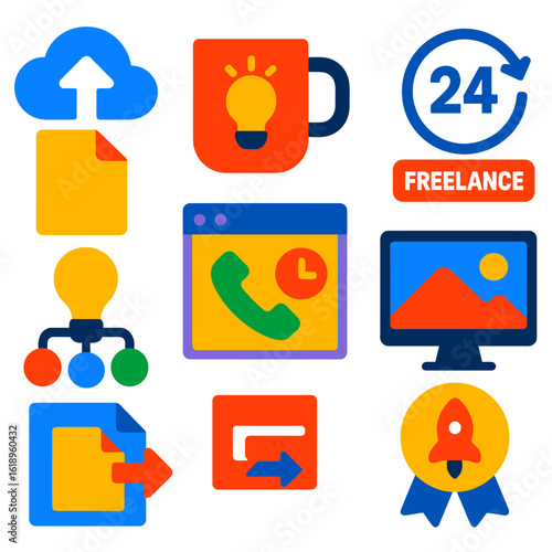 Freelance Essentials Icons. Flat vector icons of freelance and remote work essentials: file upload with cloud arrow, coffee mug