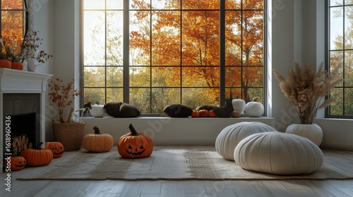 Cozy Autumn Interior With Pumpkins and Large Windows Showcasing Fall Foliage