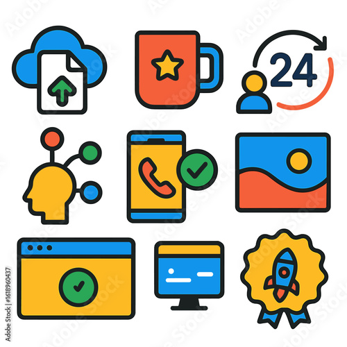 Freelance Essentials Icons. Flat vector icons of freelance and remote work essentials: file upload with cloud arrow, coffee mug