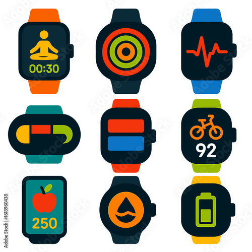 Fitness Smartwatch Icons. Flat vector icons of fitness tracker and smartwatch interfaces: smartwatch with yoga session timer, zone