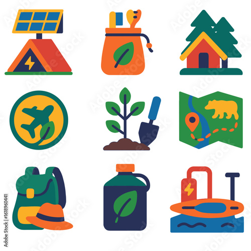 Sustainable Travel Icons. Flat vector icons of sustainable travel and eco tourism: solar campsite charging station, biodegradable