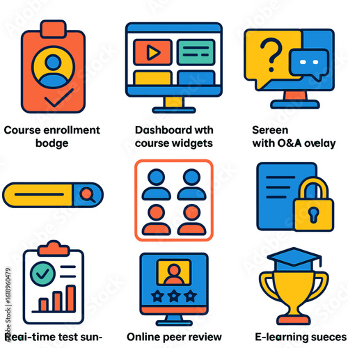 E-Learning Icons Collection. Flat vector icons of digital education and e-learning tools: course enrollment badge, dashboard with