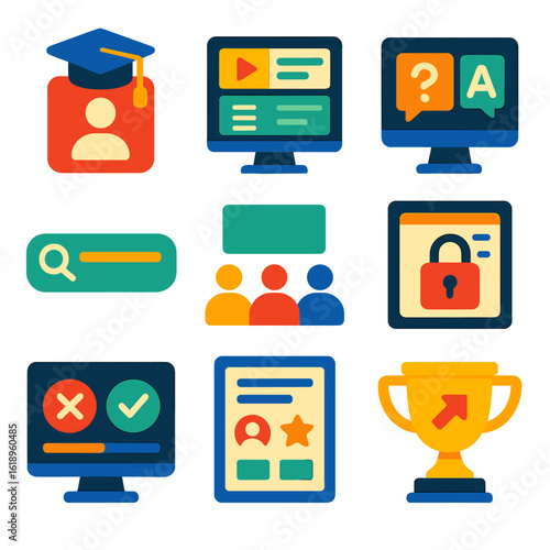E-Learning Icons Collection. Flat vector icons of digital education and e-learning tools: course enrollment badge, dashboard with